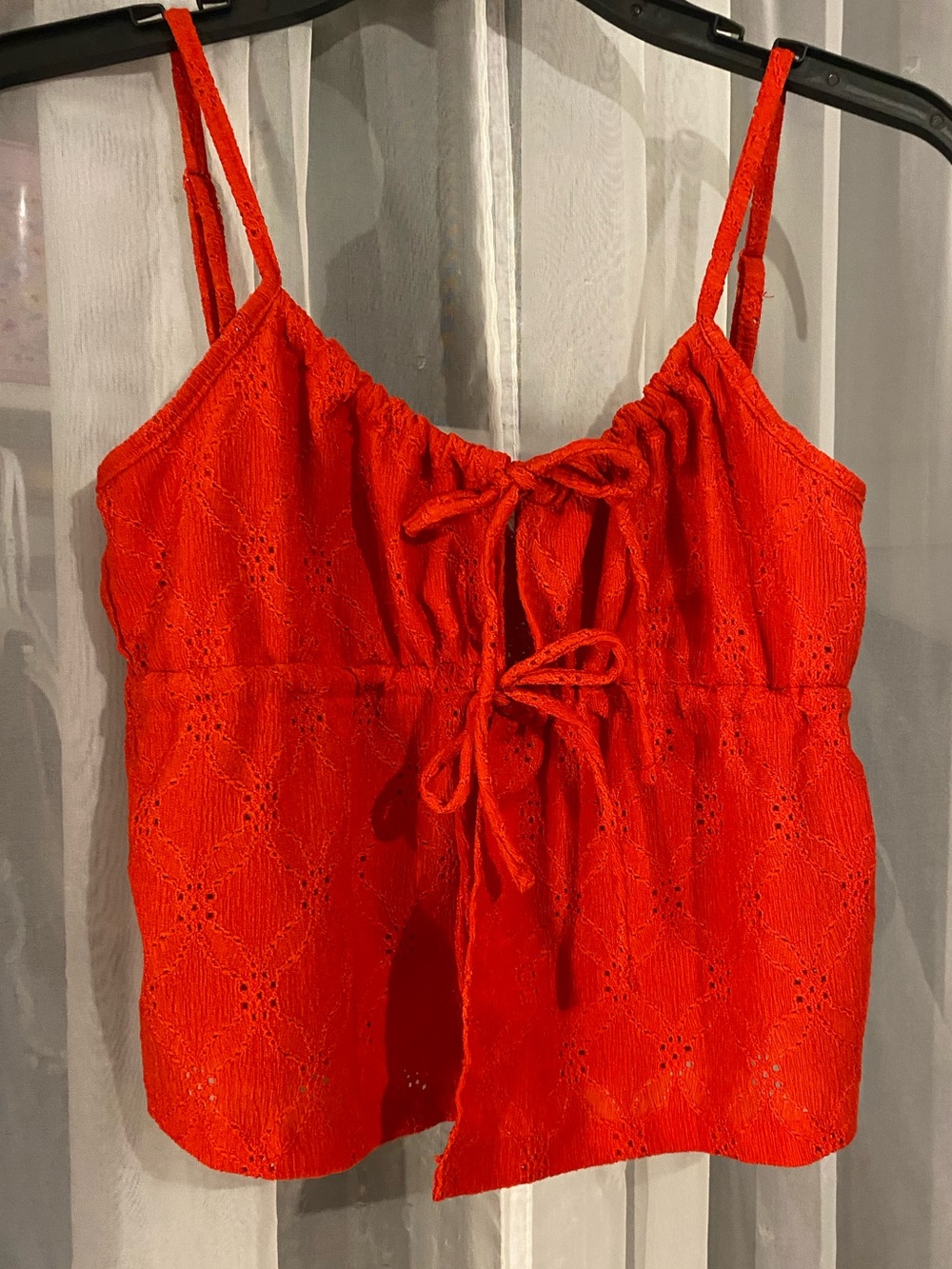 Red Cotton:On Lace Cami Top with Tie Front
